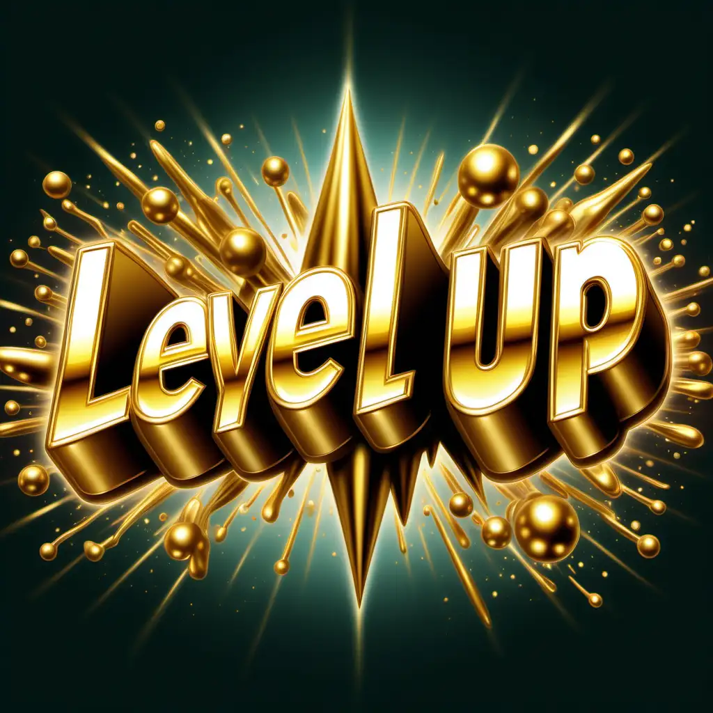 A digital airbrushed glossy and bright illustration of the word spelled Level Up Your Real Life in the color metallic gold