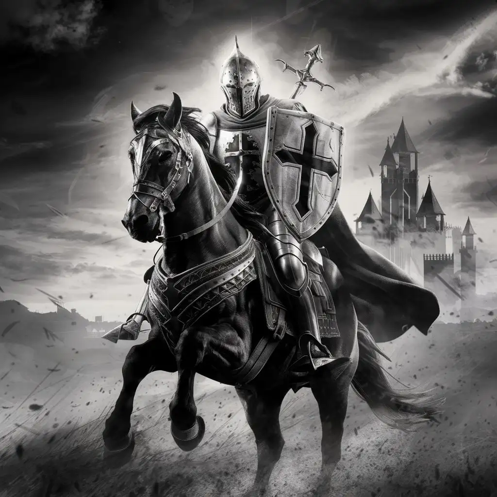 fantasy art. black and white, paladin, crusade, knight