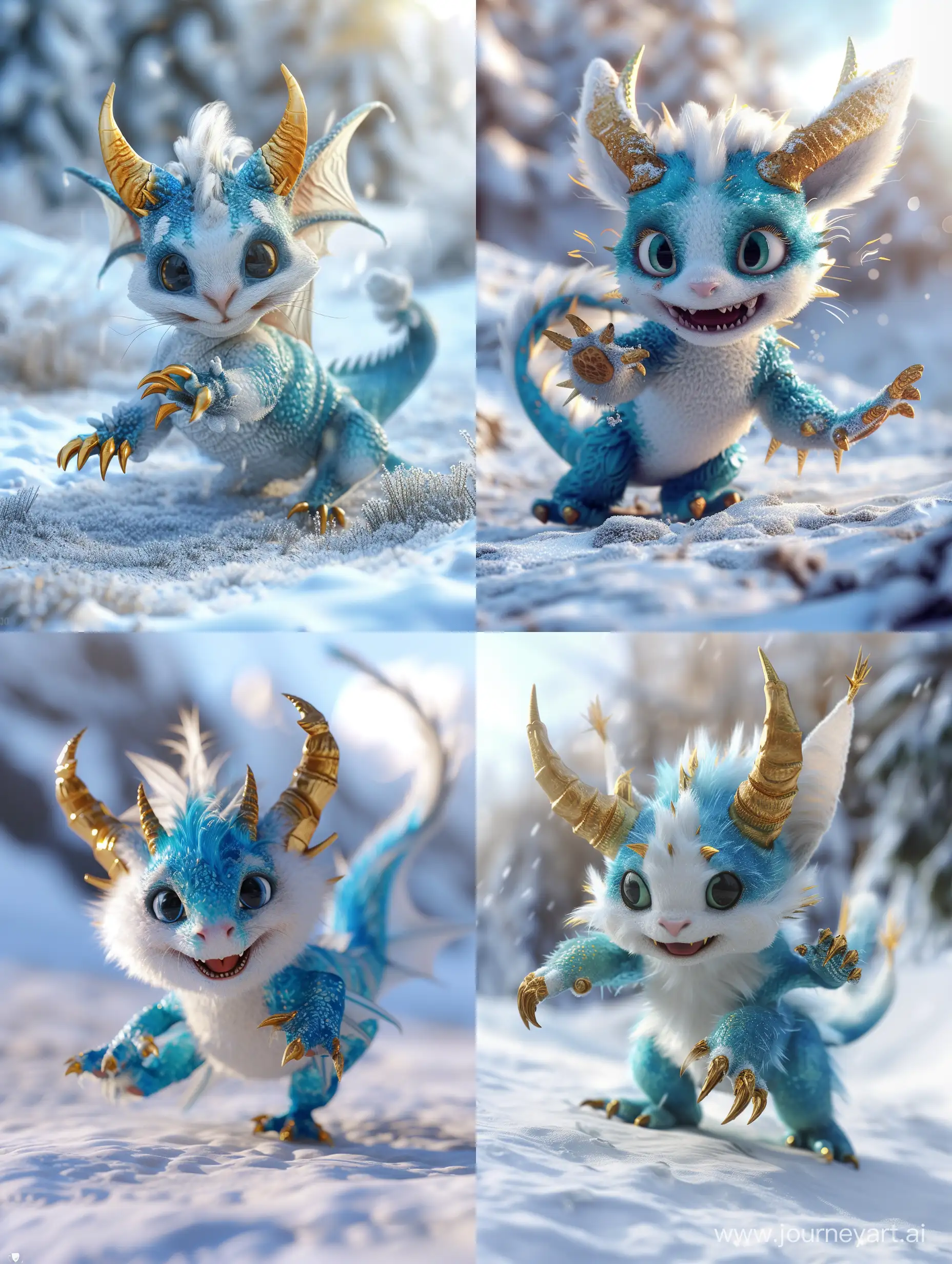 A cute and cheerful baby dragon with a cat-like face is playfully frolicking in the snowy landscape. Its golden horns and claws shine brightly against its blue and white fur. This 3D image is of the best quality, with stunning details and vibrant colors, adding depth and realism to the scene.
