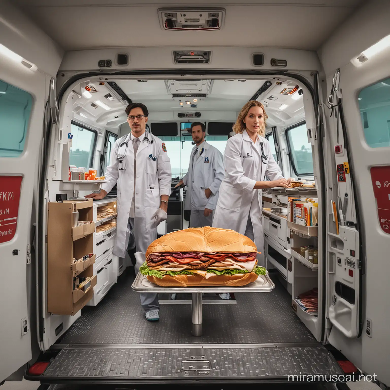 create a realistic image of emergency medicine physicians inside of an ambulance with a turkey sandwich on the gurney instead of a patient.