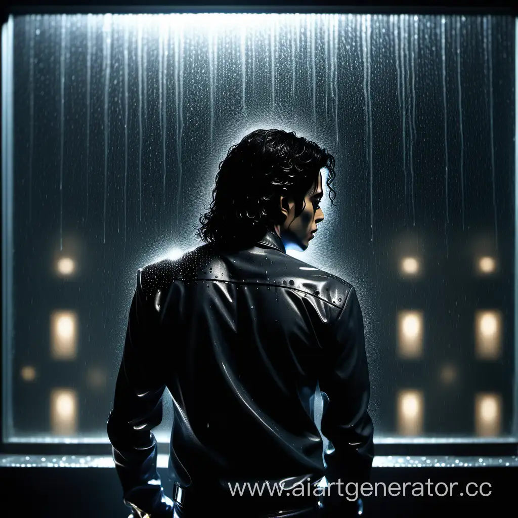 Generate a photorealistic image of Michael Jackson viewed from the back in a dark empty room, can't see his face. Include raindrops on the window glass to evoke sadness. Ensure a dark background for the overall mood. Focus on beauty and aesthetics, add more cold colors