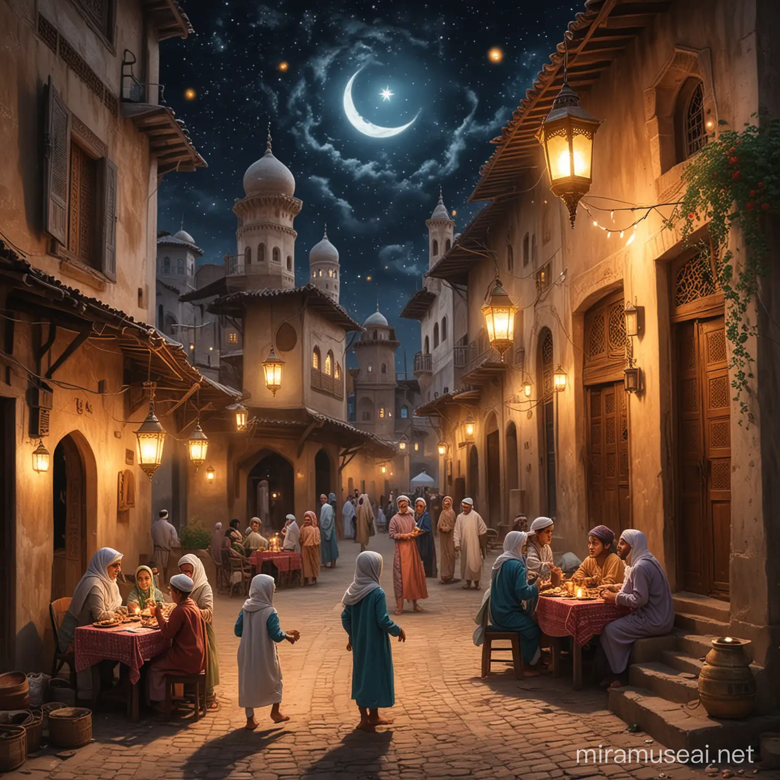 Ramadan Celebration Joyful Iftar Gathering Amidst Lanternlit Old Houses