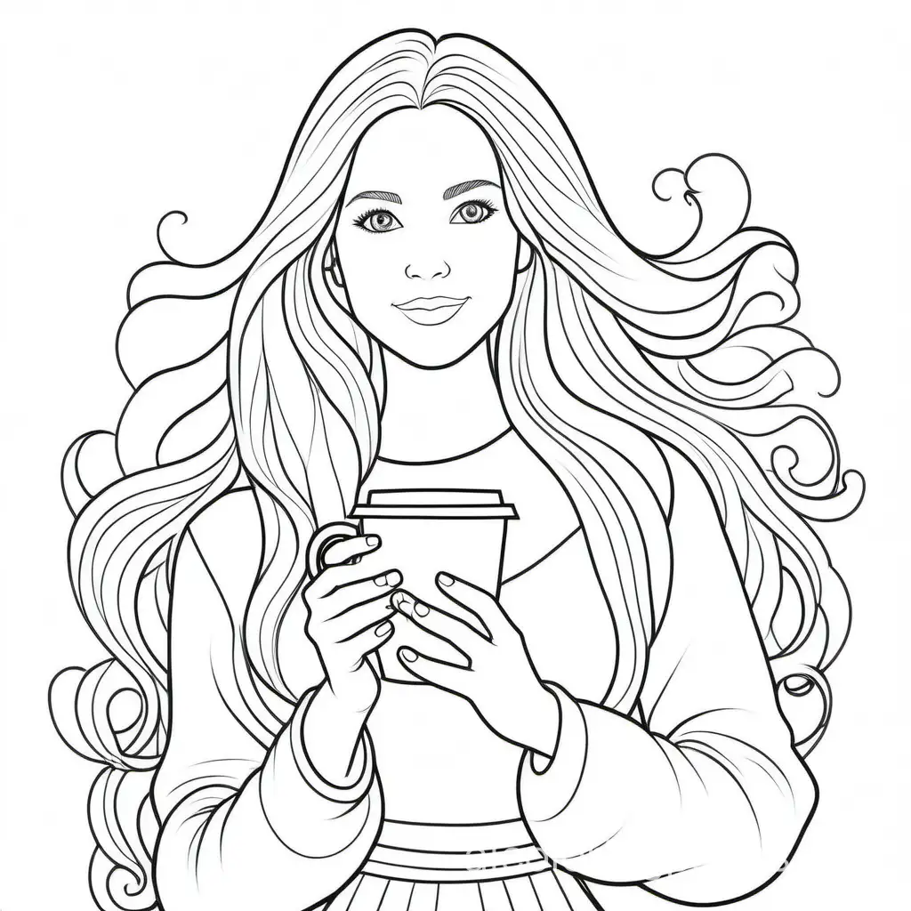 Lady with long hair holding coffee, Coloring Page, black and white, line art, white background, Simplicity, Ample White Space. The background of the coloring page is plain white to make it easy for young children to color within the lines. The outlines of all the subjects are easy to distinguish, making it simple for kids to color without too much difficulty