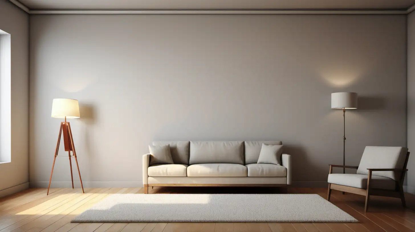 Minimalistic Living Room with Couch Lamp Carpet Armchair and Art