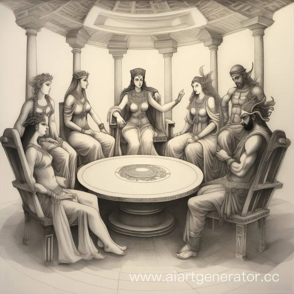 Пять богинь женщин и трое богов мужчин, сидят в креслах за столом, рисунок карандашом.