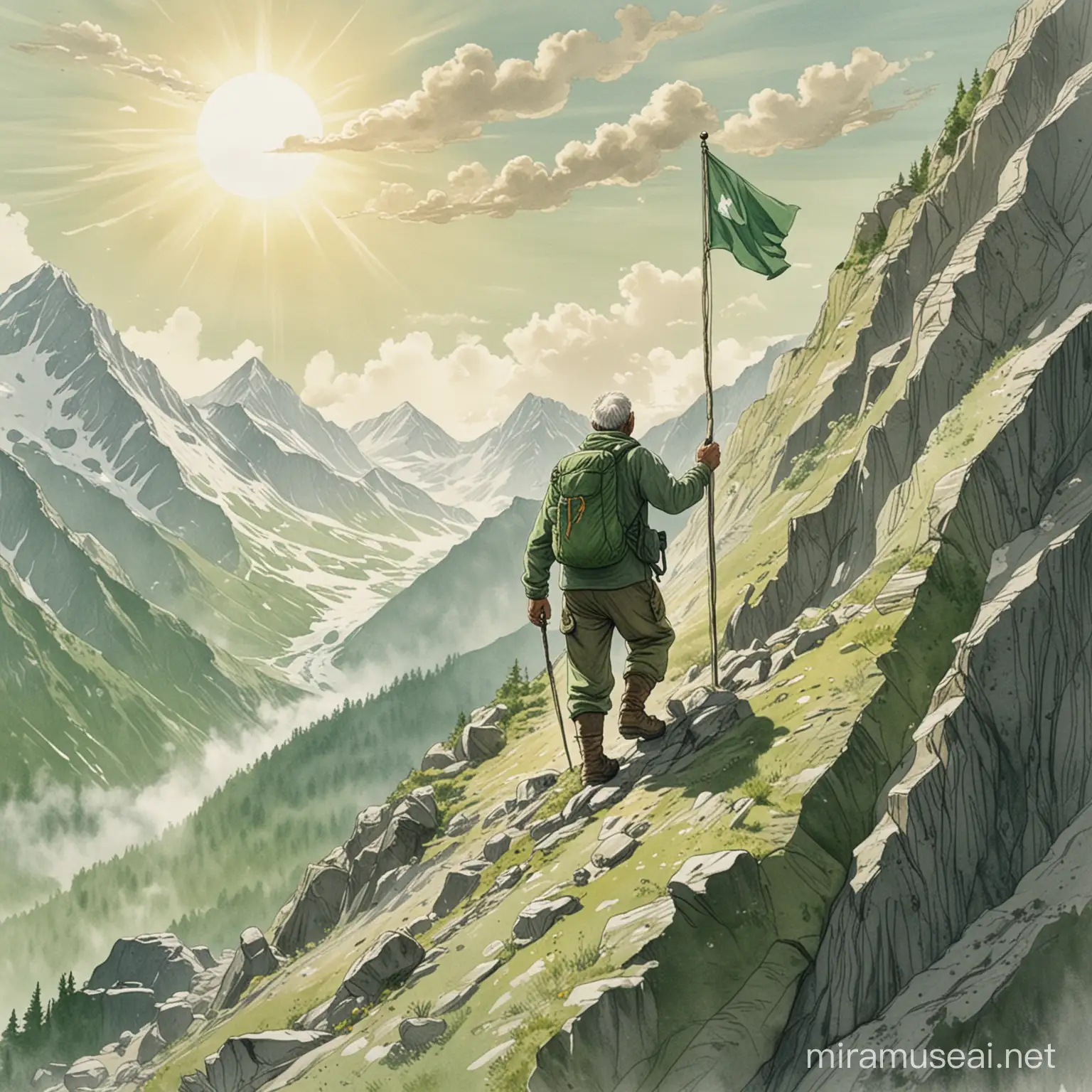 une dessin d'un homme de 60 ans en train de gravir une montagne.  il y a un drapeau sans écriture dessus tout en haut de la montagne. La montagne est dans les couleurs vertes. Il fait beau, le soleil est présent
