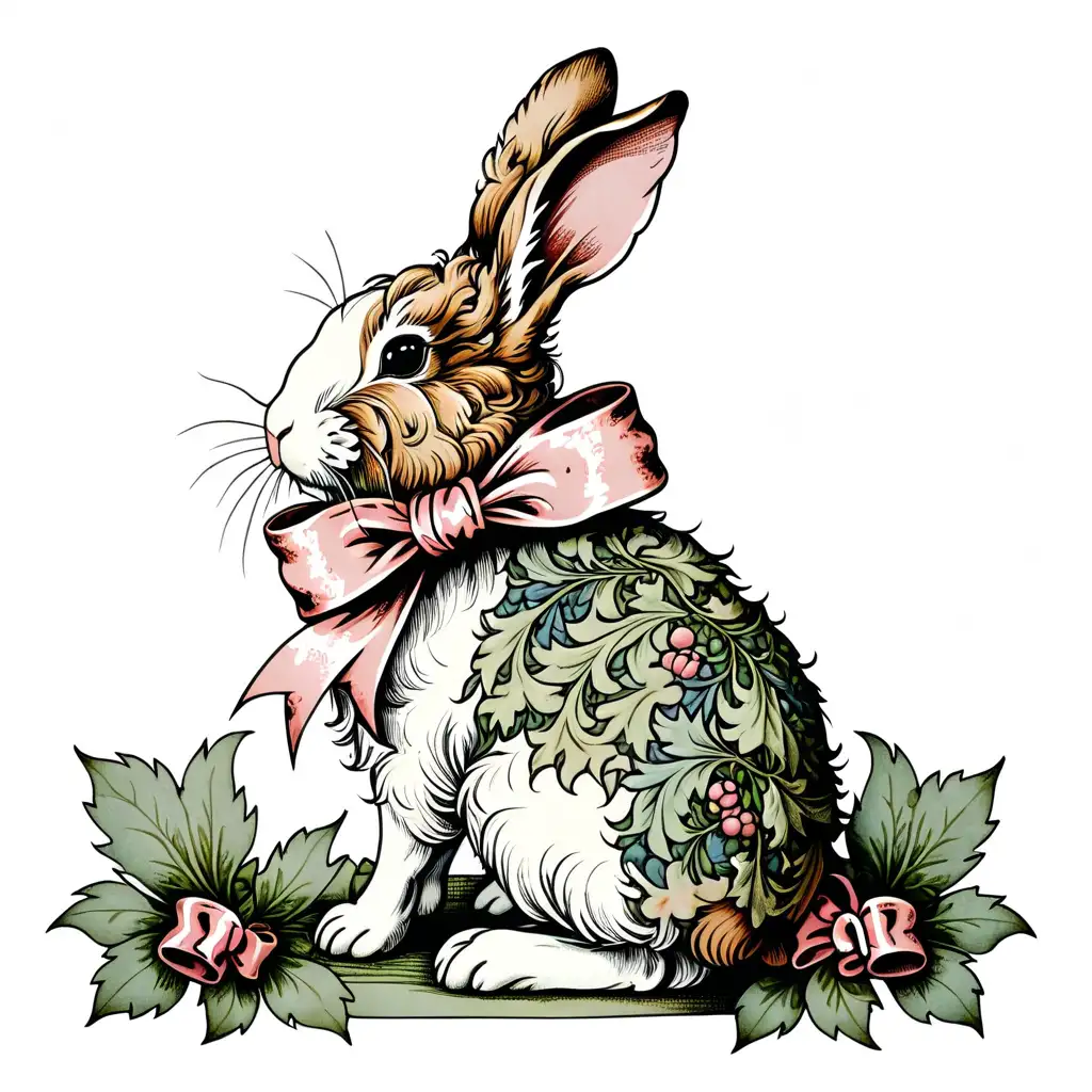 Adorable Bunny Rabbit with Pink Ribbon Bow on William Morris Design Background