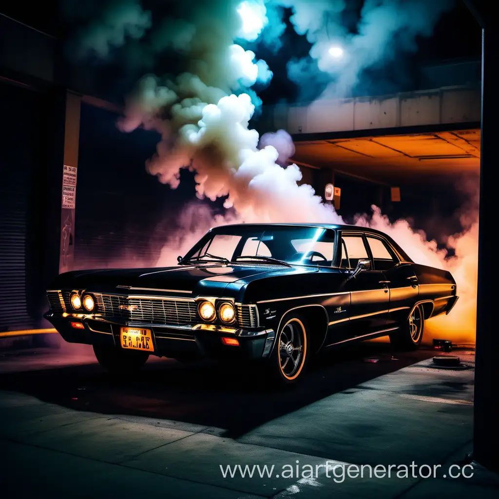 Vintage-Noir-Atmosphere-1967-Black-Chevrolet-Impala-in-NeonLit-Underground-Parking