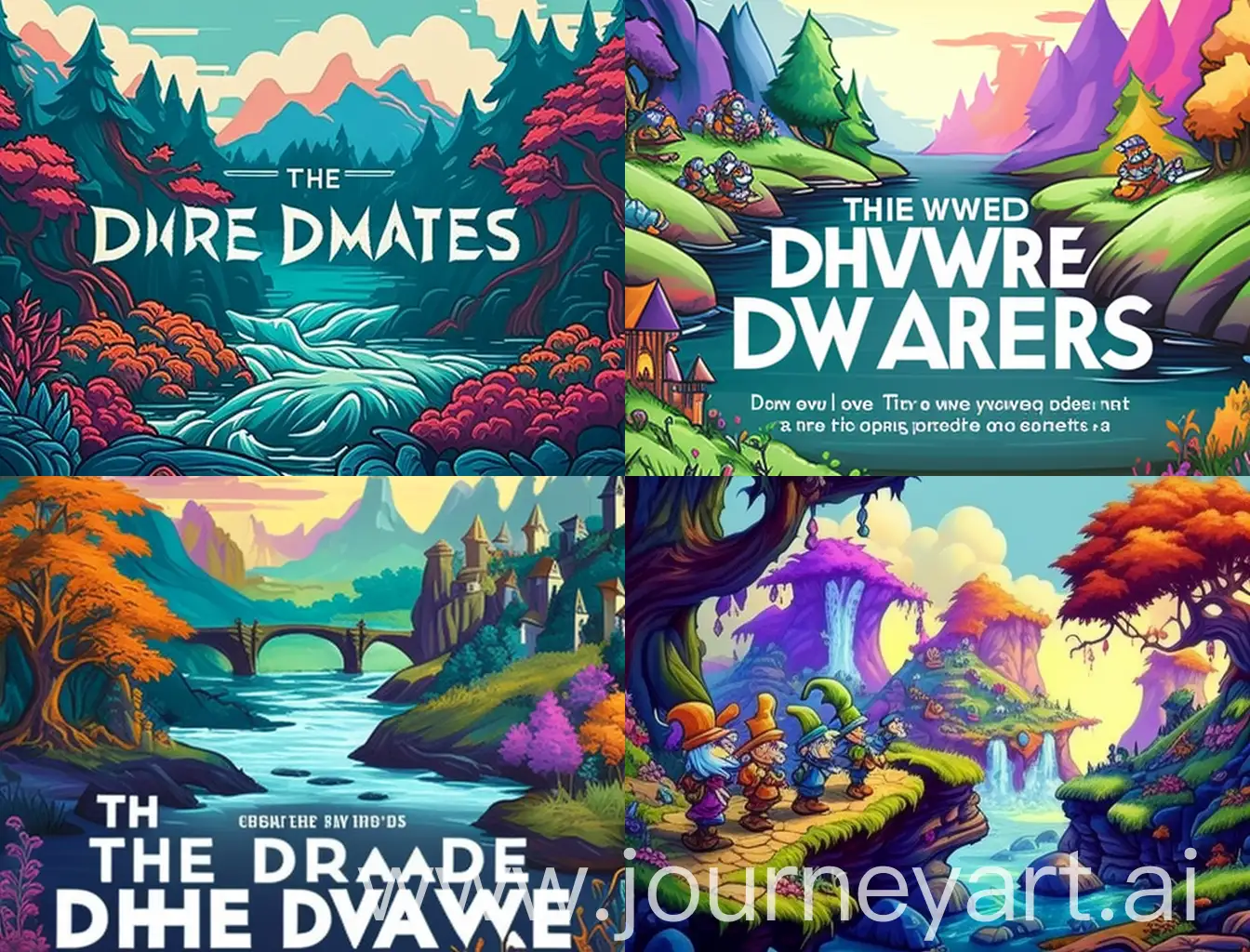 Enchanting-Dwarfs-Engaged-in-Animated-Debate-Amidst-Colorful-Fantasy-Landscape