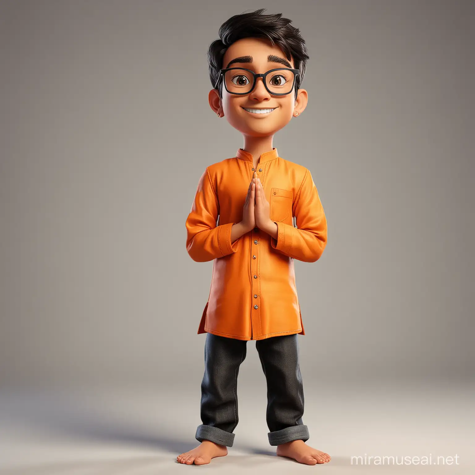 create a caricature of a teenage boy standing with Folding Hands (doing Namaste) in orange traditional kurta and black jeans, waearing specs
