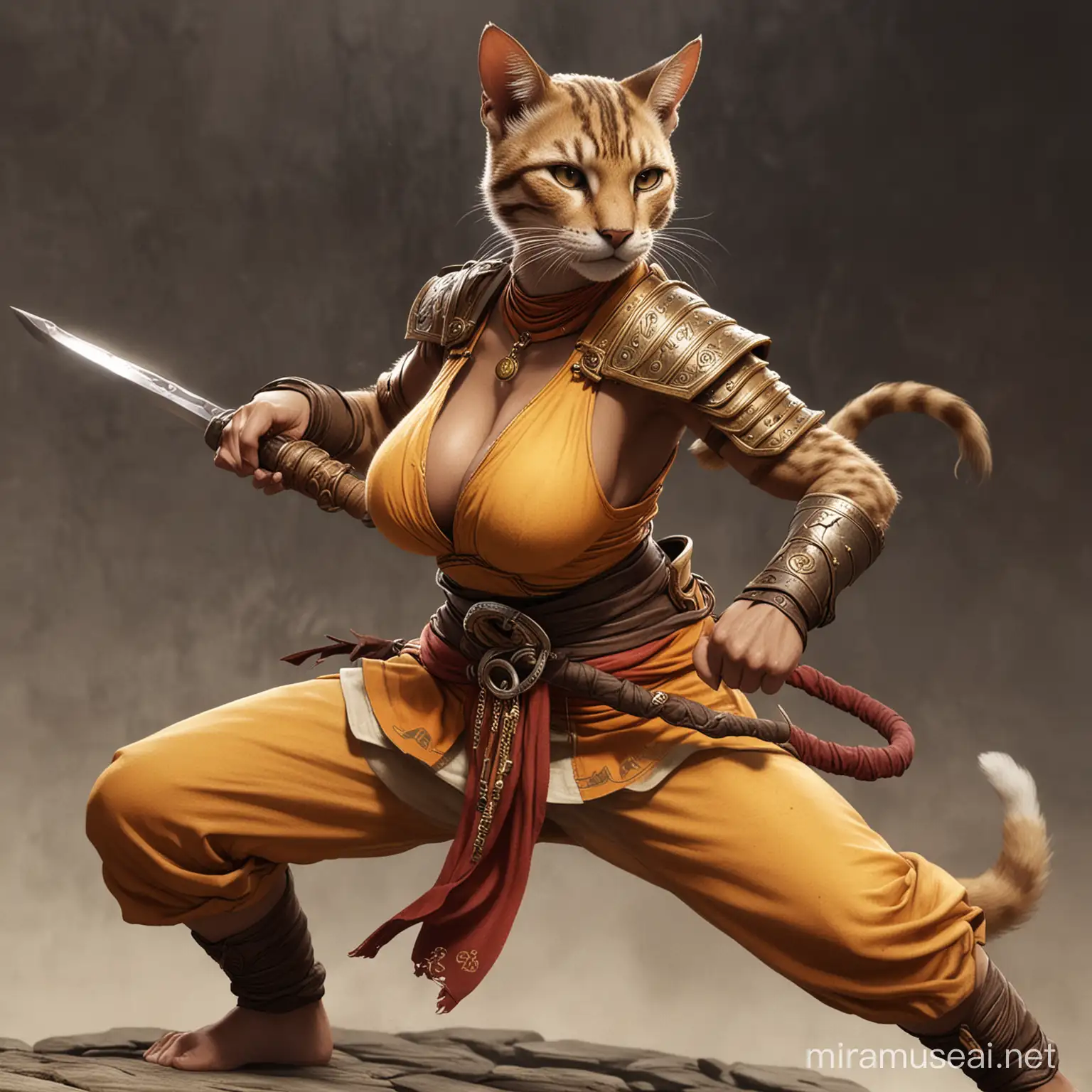 Powerful Busty Female Tabaxi Monk Fighter in Dynamic Combat Stance