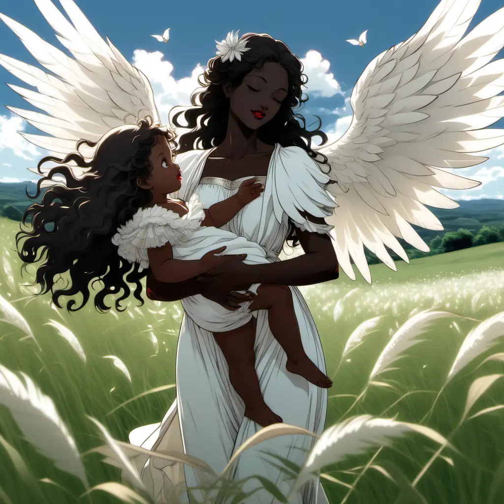 CHARACTER IN BACKGROUND] Anime Silhouette, joyful looking, Young Woman with large feather wings stands  in rolling grassy fields of pale white flowers gazing happily down at a bundled infant in her arms, white grecian attire(ethereal long black wild curly hair, caramel skin, red lips, grey eyes) extremely detailed, ultra-sharp focus, perfect meshes and textures, highly accurate reflections, face drawn by the masterful artist Paul Gauguin, thin and soft lines --ar 2:3 --niji 5]