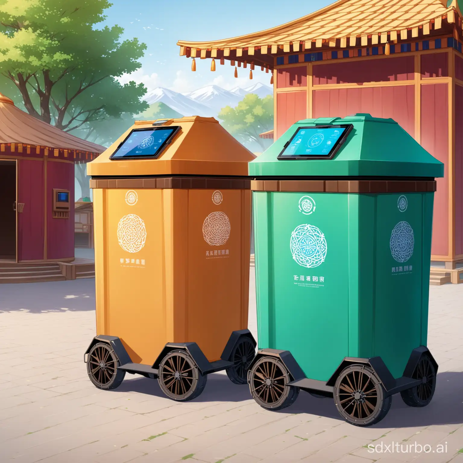 Intelligent garbage bins in the shape of Mongolian yurts, with wheels to move on their own, and they even have their own screens and eyes, resembling Mongolian yurts, and they are also garbage bins.