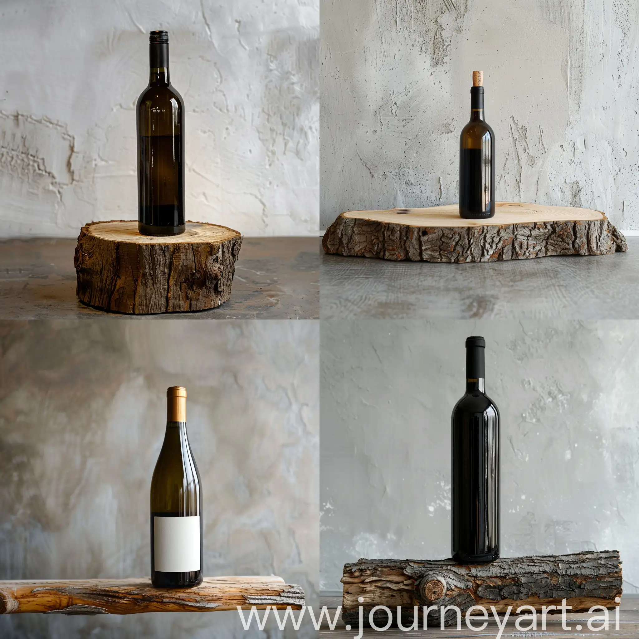 A bottle of wine is kept on wood there is a plain wall behind