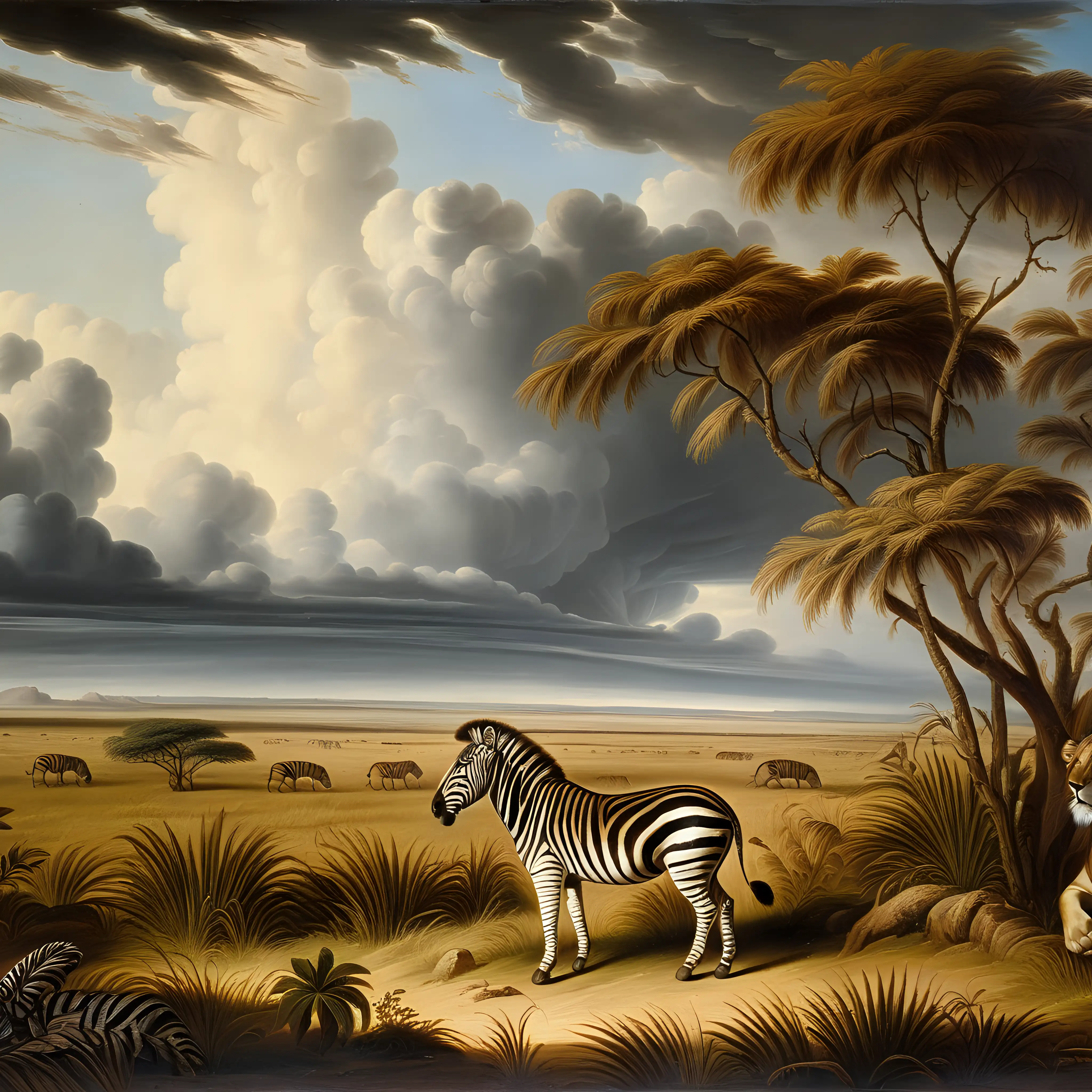 Zebra hiding in a savanna. Dramatic coloring. Vast sky. Lion on the hunt hiding in background. 1800's Oil painting. 