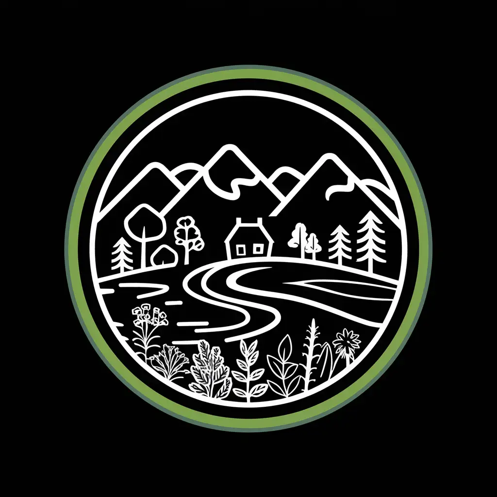 Круглый логотип с зеленой заливкой. Внутри белым контуром нарисованы горы, деревья, по середине река, на берегу домики. Внизу круга, белым контуром лекарственные растения и травы  