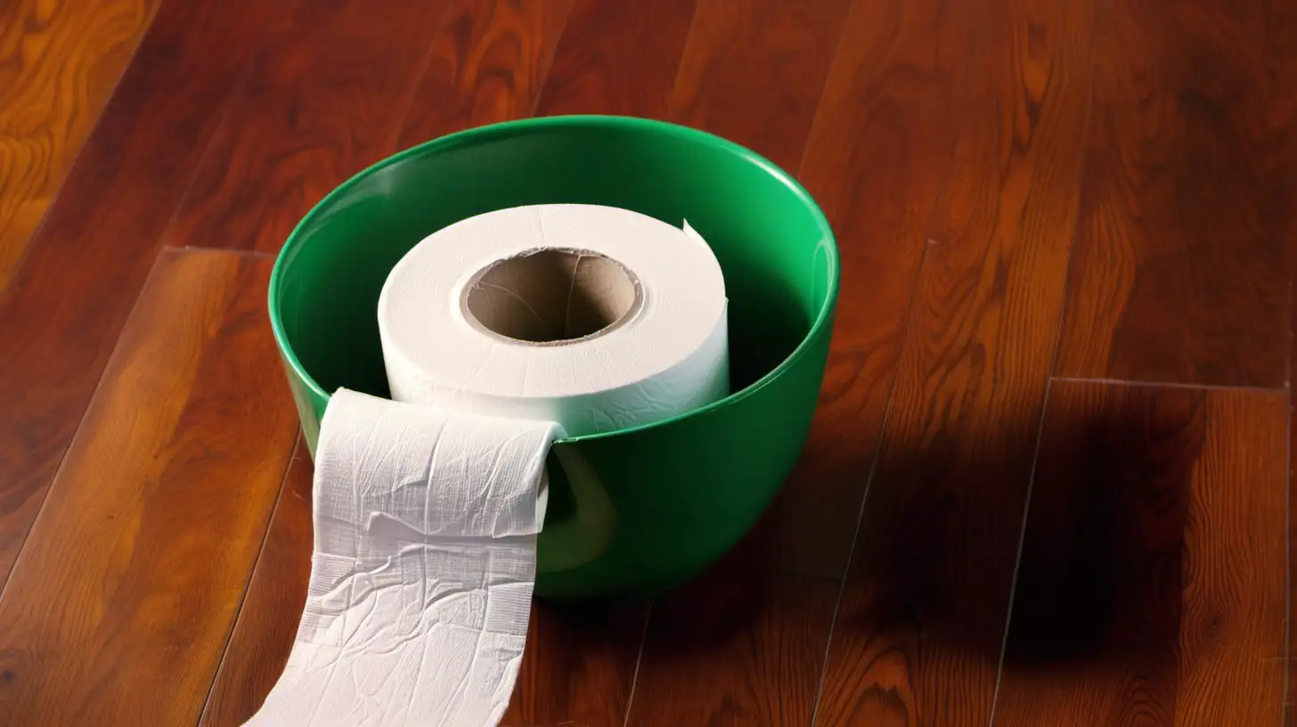 Hygienic Toilet Paper Roll on Vibrant Green Bowl in CloseUp