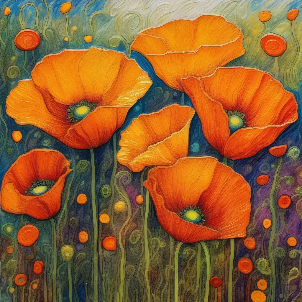 Imagine vibrant californian poppies, Gustav Klimt style, crayon oil painting, rough surface, --ar 4:7