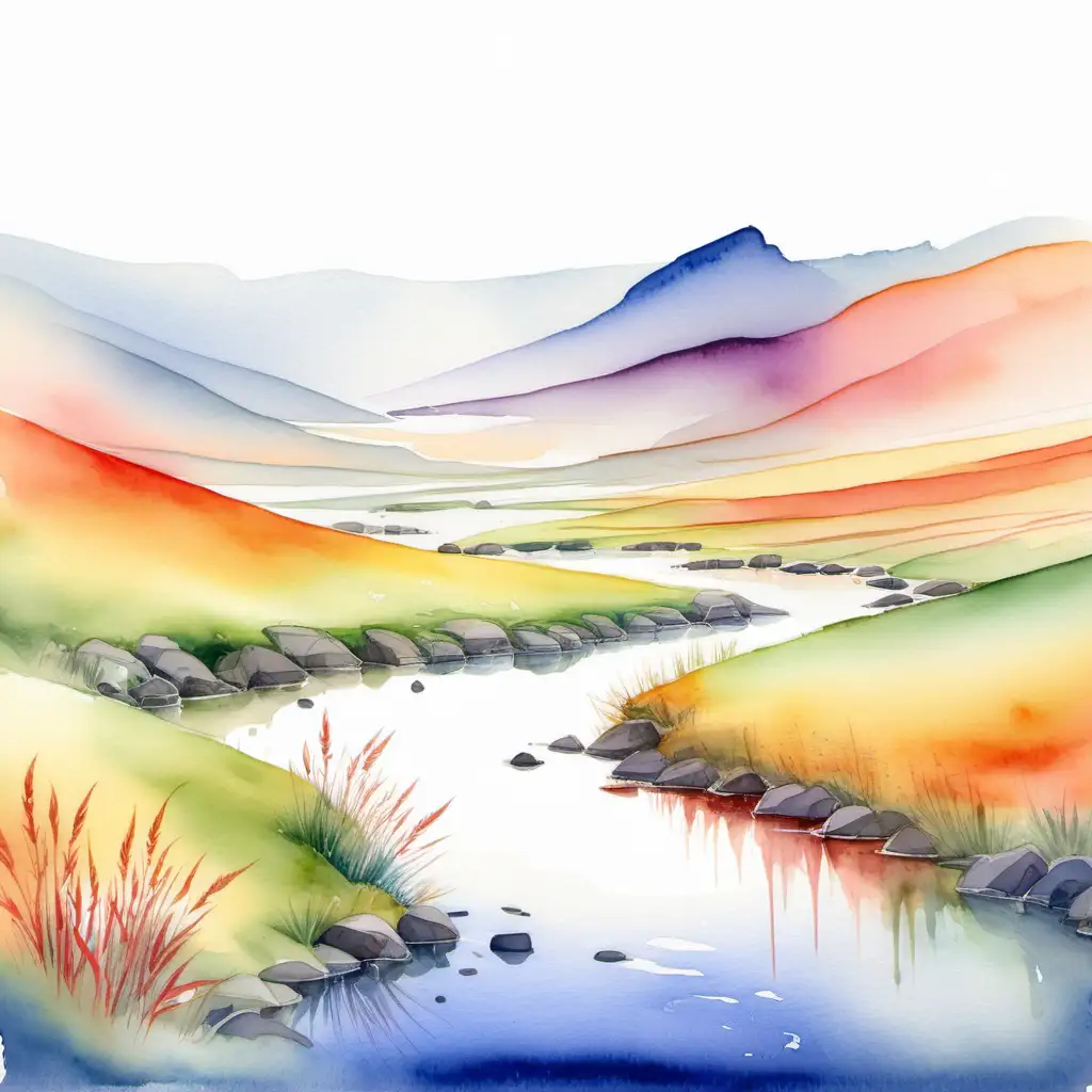 Vibrant Watercolor Landscape Painting Serene Nature in Brilliant Hues