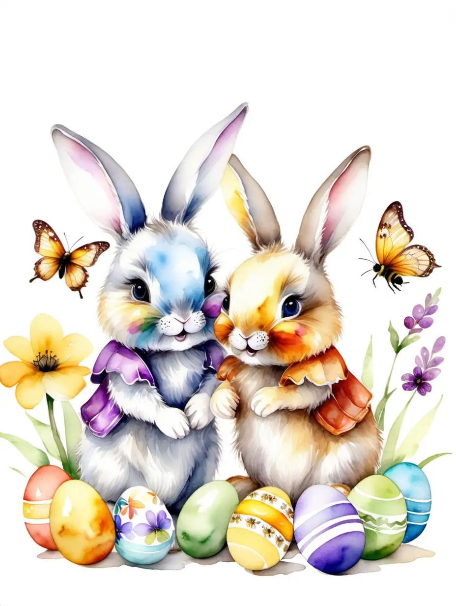 Zwei süße kleine Osterhasen mit bunten Ostereiern, mit Schmetterling, mit Biene, watercolor, white background, 