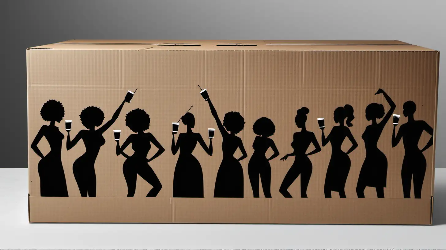 render a product photo for this
its a drinking guess game
add young black adults playing
at a party
the box is black but is cardboard
the sides are blank
the top has for the straws
the box black and white
with the background at a party
