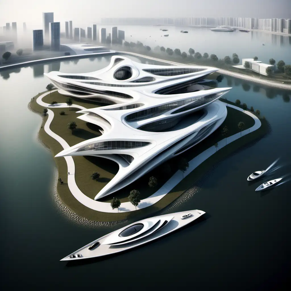 Zaha hadid  one story interconnected buildings
Asymmetrical  Different sizes and heights
Different height Entrance for boats 
Fog rectangular island 