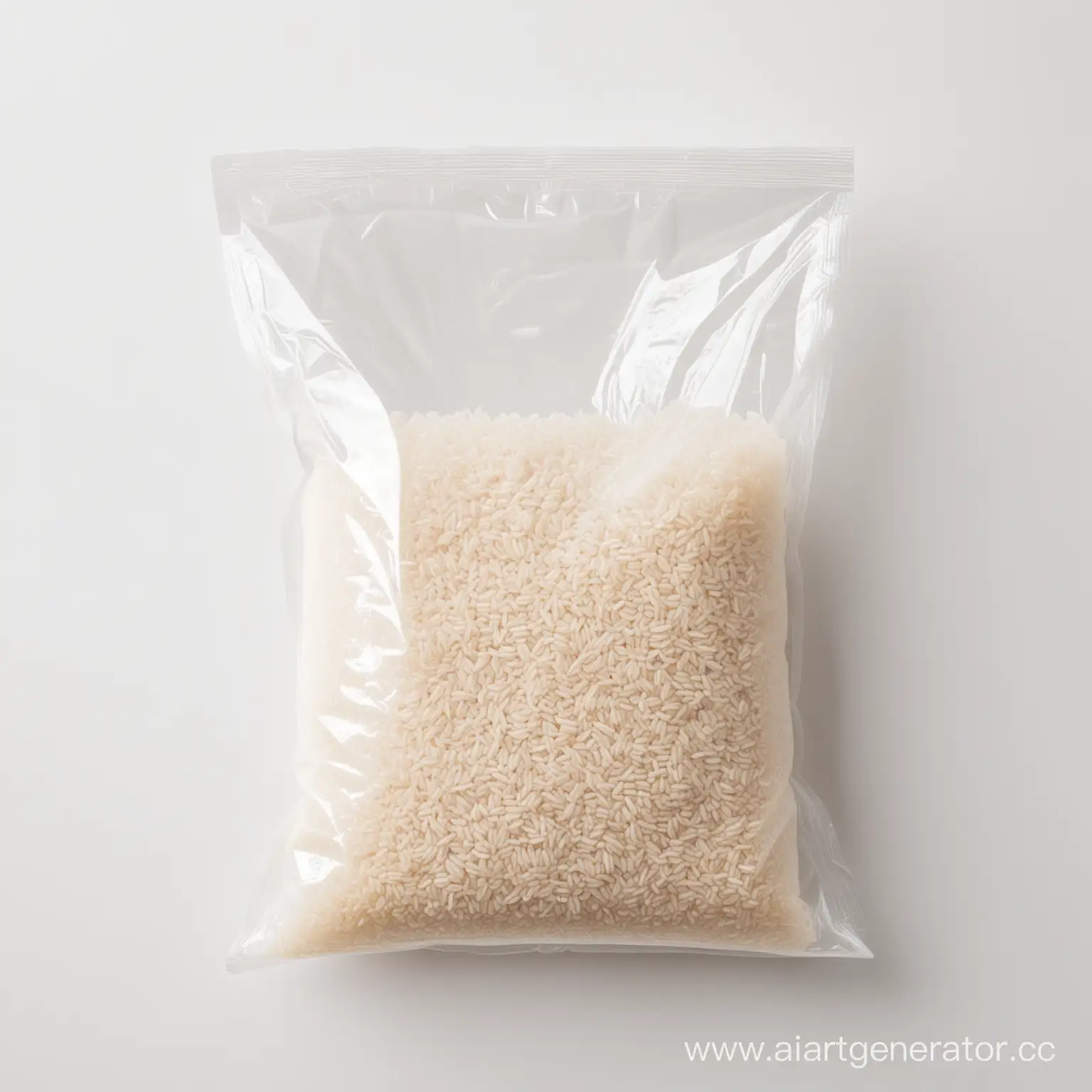 рис с прозрачном полиэтиленовом пакете на белом фоне