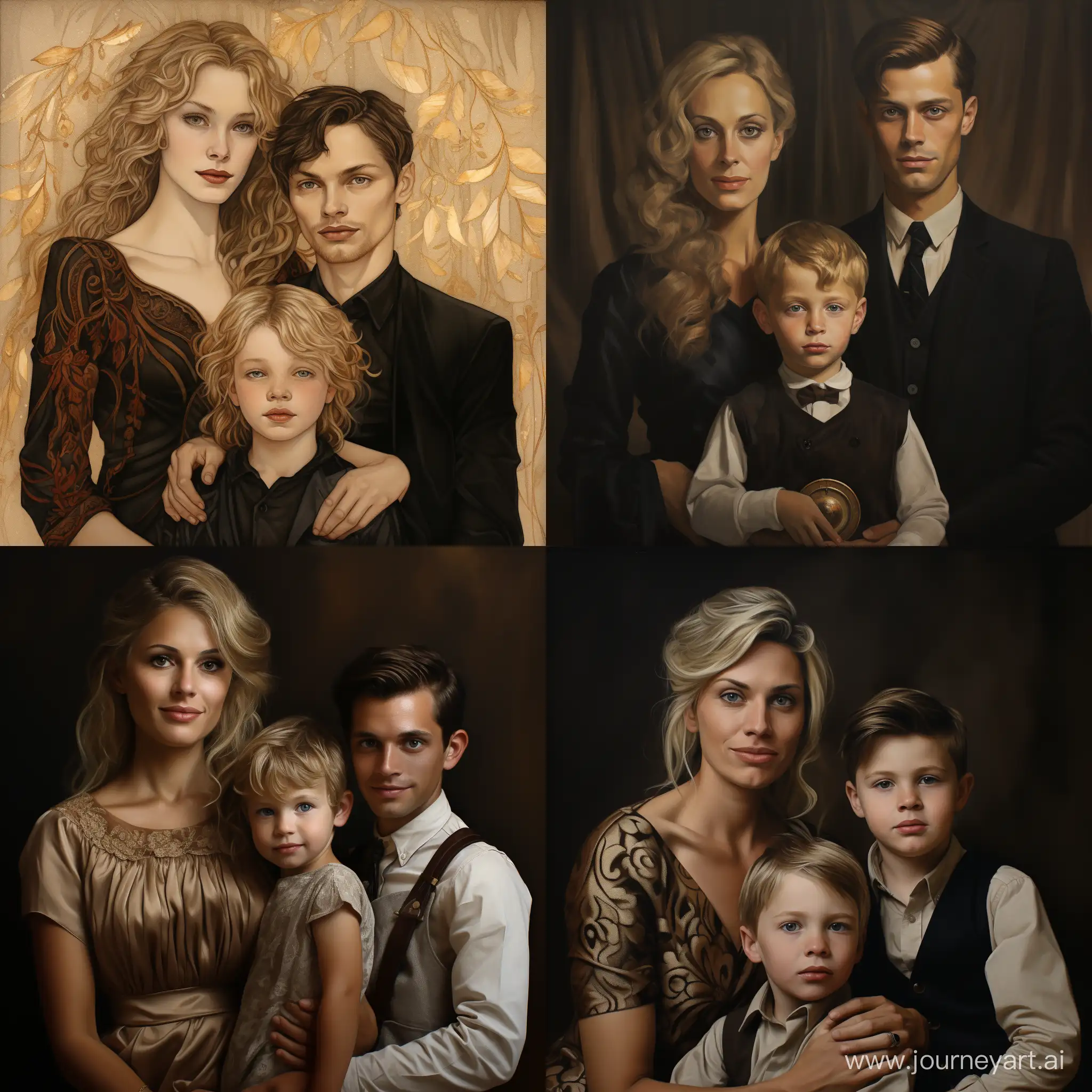 Семейный портрет, где есть девушка взрослая с блондинистыми волосами, женщина с блондинистыми волосами мама и маленький мальчик с темными волосами 