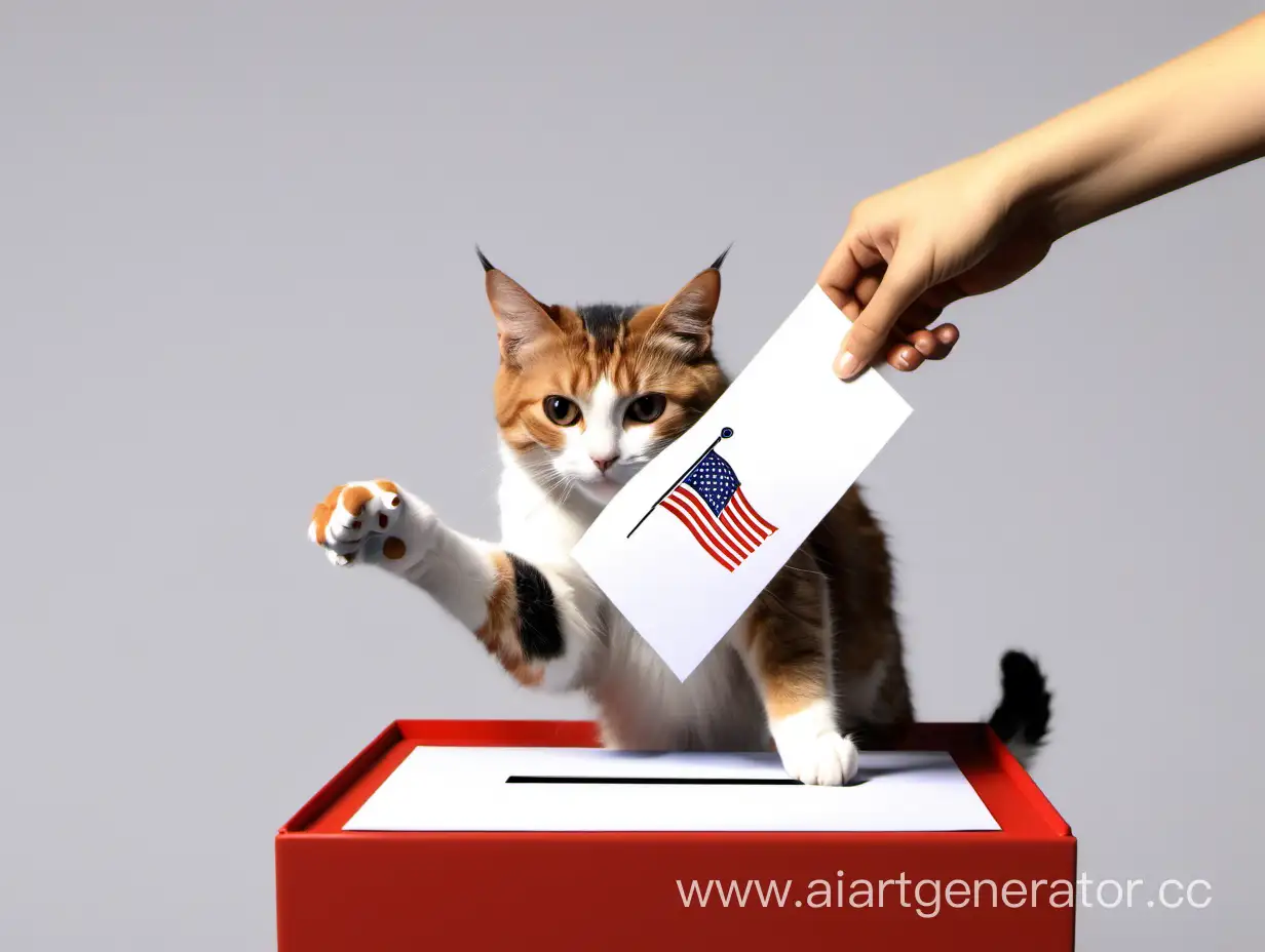 красивая кошка опускает своей лапой конверт в ящик для голосования