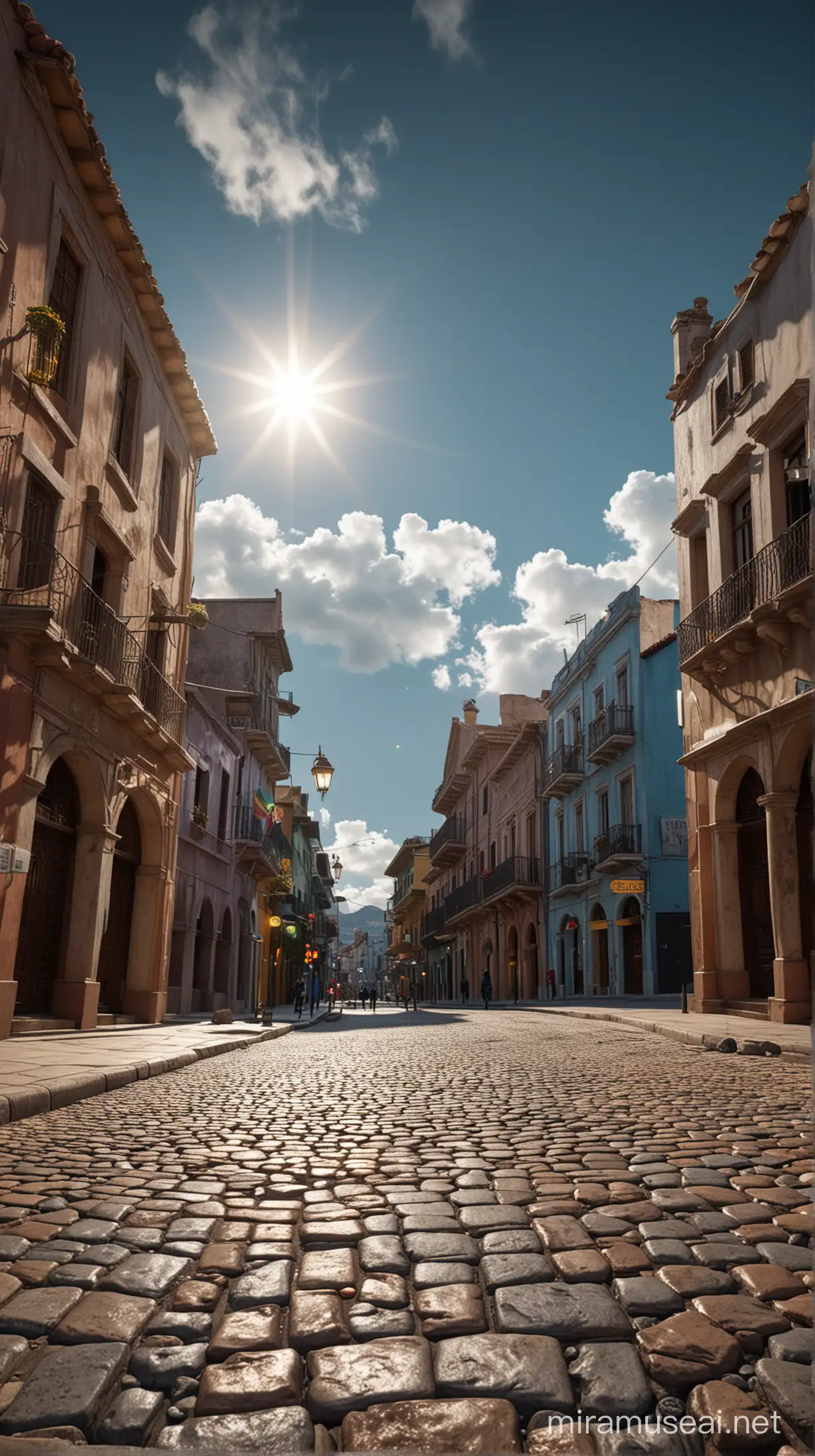 A colorful Latin American town square, with blue skies and clouds in the background. With cinematic lightting, practical light, 18 mm lens, production quality, depth of field, cinema photography, professional color grading, exquisite detail, sharp-focus, intricately-detailed, long exposure time, f/2.8, diffuse-back-light, award winning photography, realistic photography, hyper realistic, unreal engine, realistic lense flare, real lighting, Studio Lighting, Accent Lighting, Global Illumination, Screen Space Global Illumination, Ray Tracing Global Illumination, Optics, Scattering, Glowing, Shadows, Rough, Shimmering, Lumen Reflections, Screen Space Reflections, Diffraction Grating, GB Displacement, Ray Traced, Anti-Aliasing, FKAA, TXAA, RTX, SSAO, Shaders, Tone Mapping, CGI, VFX, SFX
