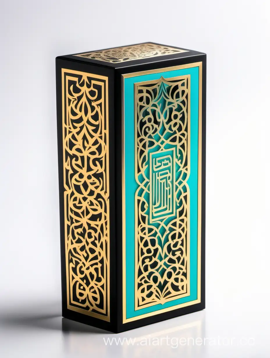 Luxury-Arabic-Calligraphy-Perfume-Box-in-Dark-Matt-Black-and-Gold-Turquoise