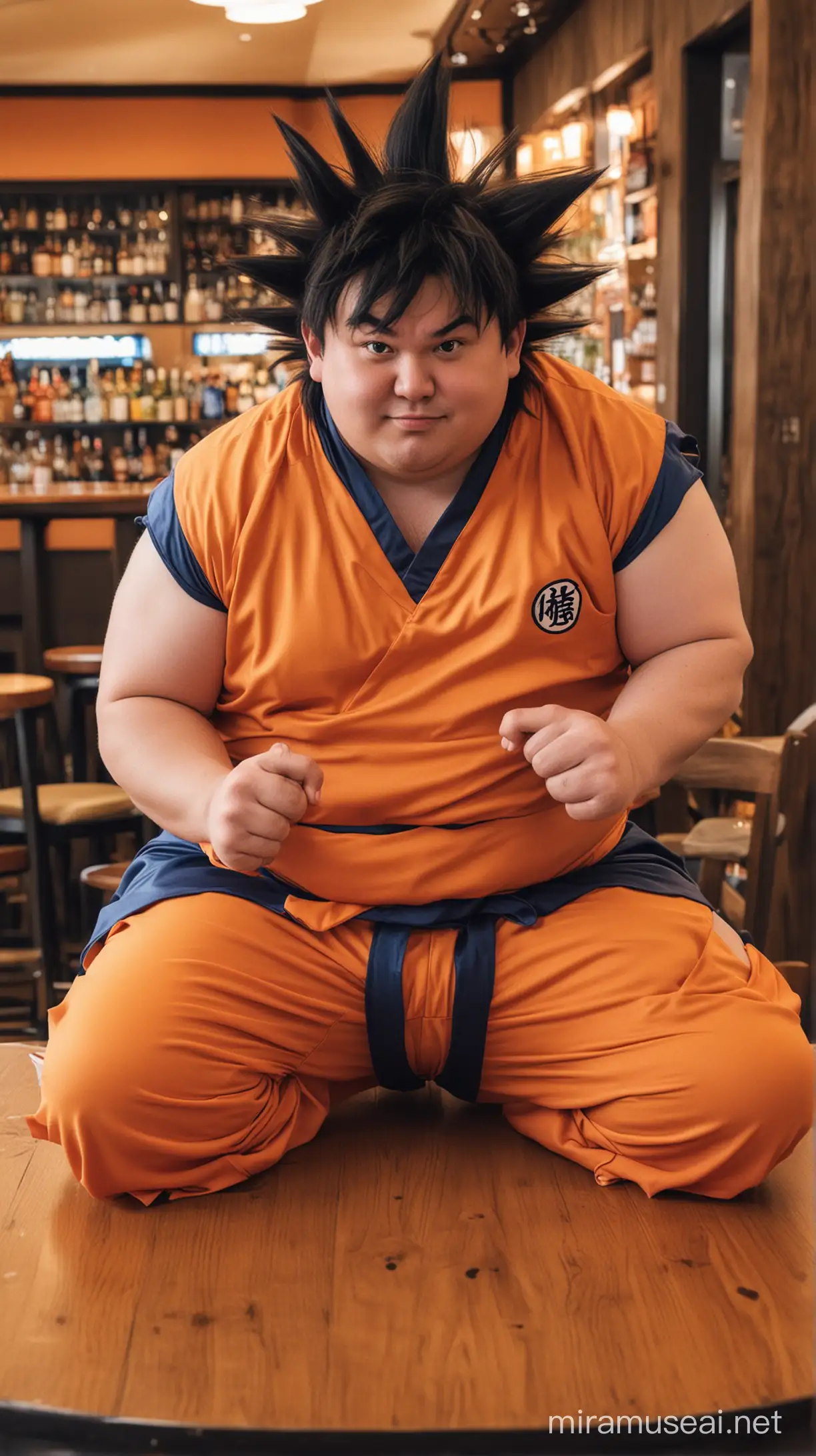 Chubby man dressed in a goku costume sitting in a bar at a small round table