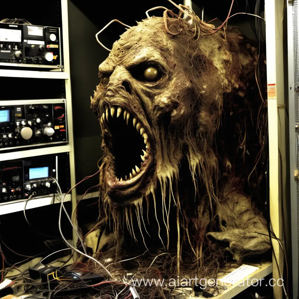 scary, uncombed, rotting monster in the audio equipment store