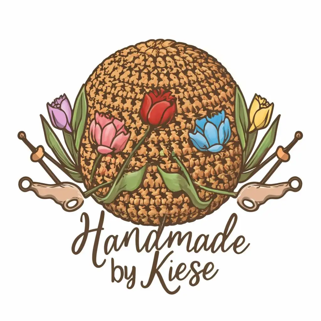logo, crochet ball with tulips, with the text "Handmade by Kiese", no typography, be used in the Entertainment industry. Include knitting hooks and correct the word "Handmade by Kiese".