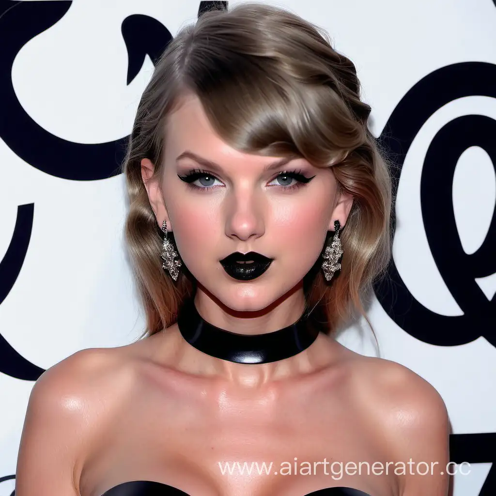 Taylor Swift in rose latex and black lipstick
