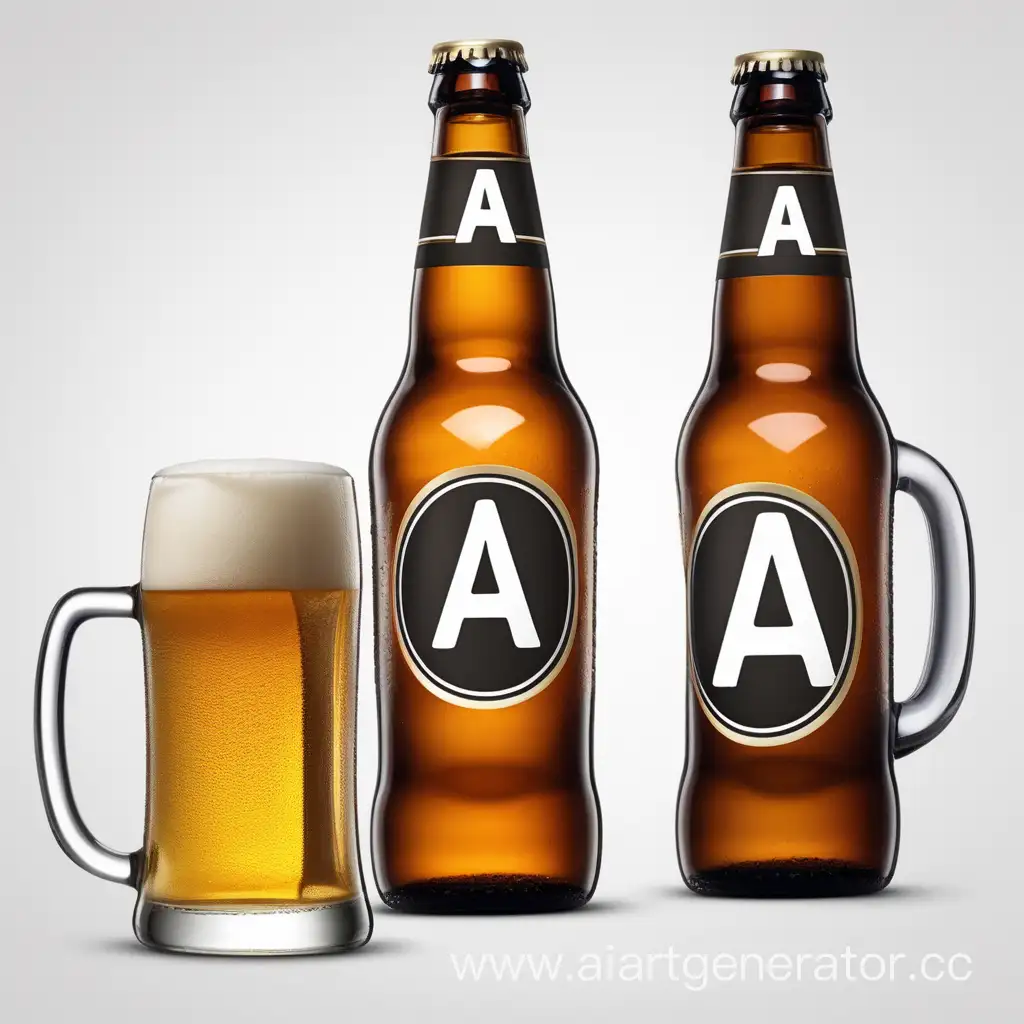 бутылка и кружка пива. На бутылке логотип перевернутая буква А 