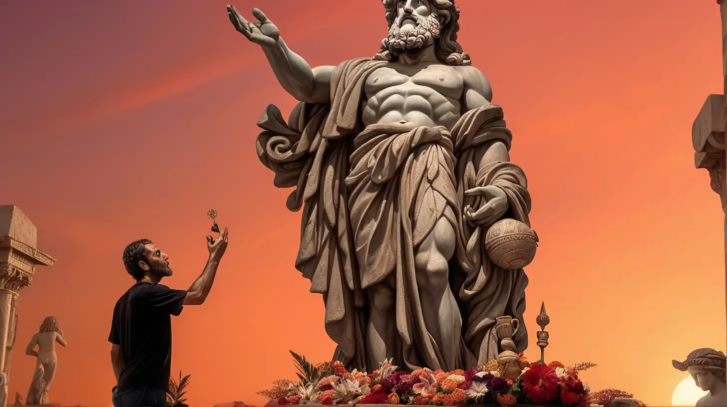 Hebrew Man Adoring Ancient God Statue at Sunset