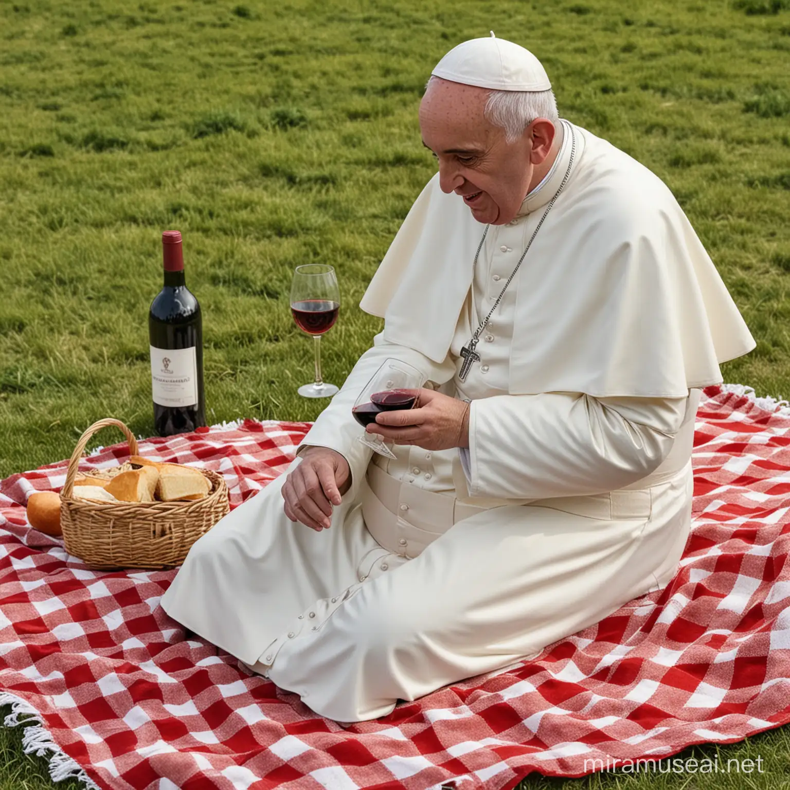 el Papa francisco haciendo picnic en el campo sobre una manta de cuadros rojos y blanca con vino en la mano