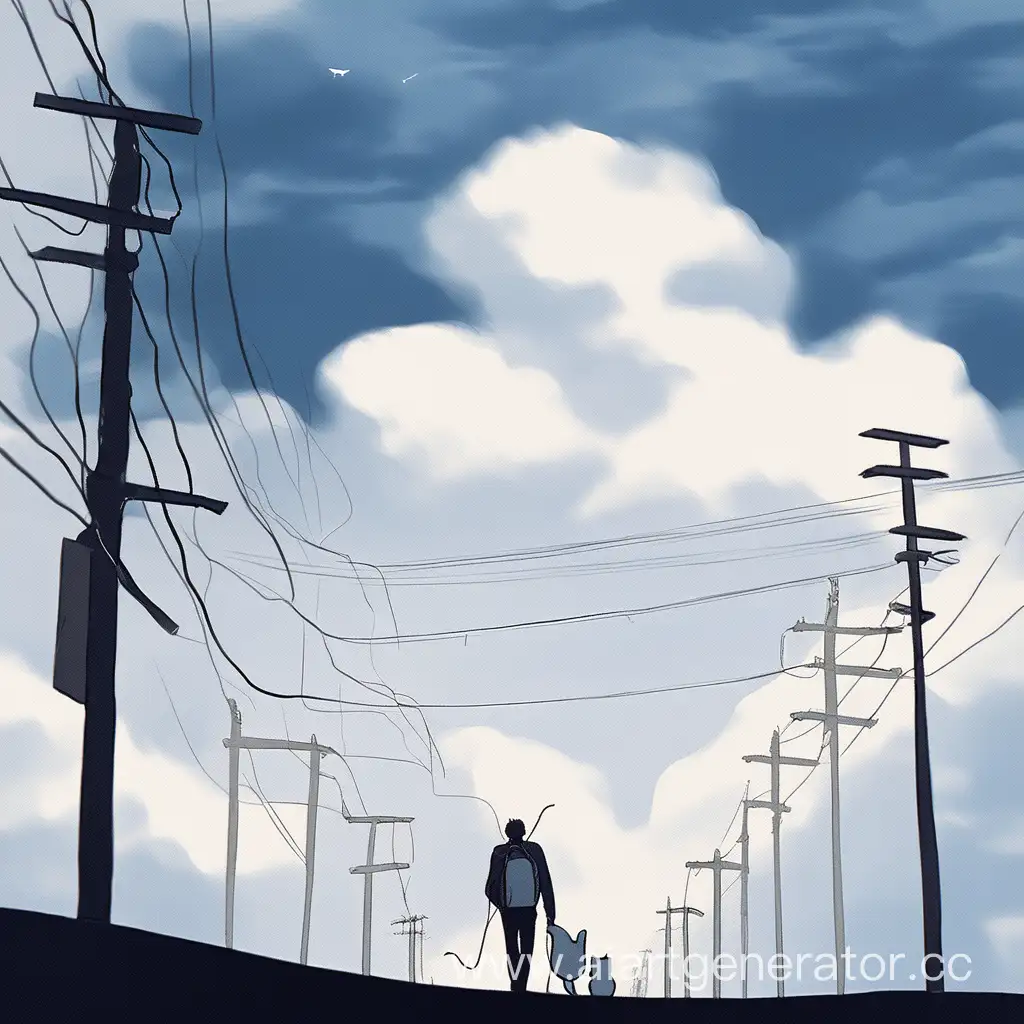 Guitarist-Walking-on-Electric-Wires-Amid-Cloudy-Sky-with-Companion-Cat