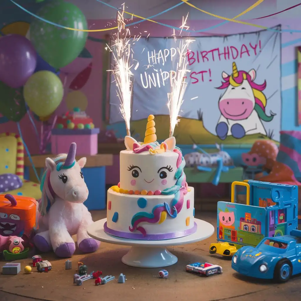 Cheerful Unicorn Prest Party with Rainbow and Sparkling Cake