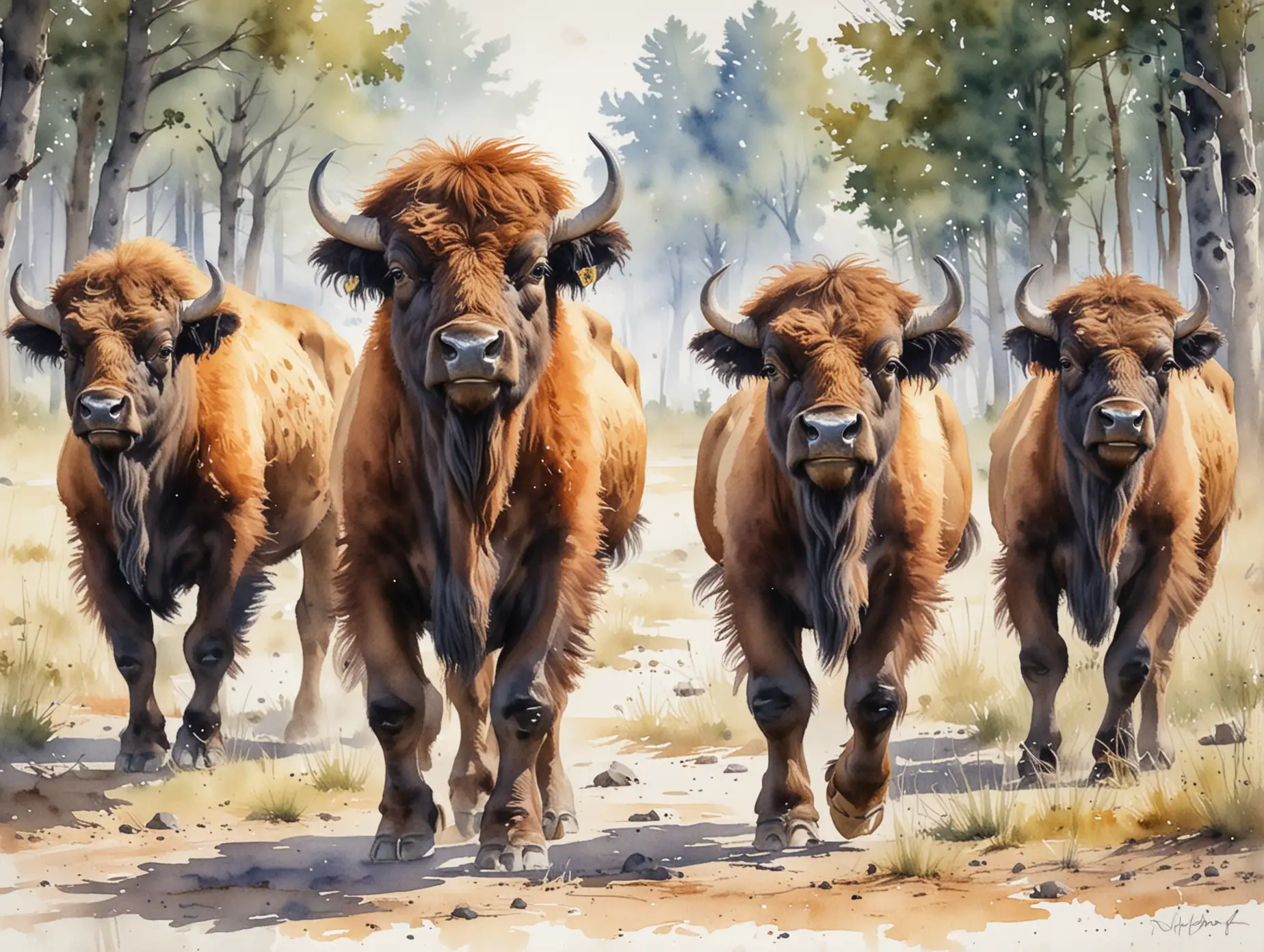 beautiful bison calves that look crazy, silly, funny, with big eyes and long legs, so the entrance in watercolor