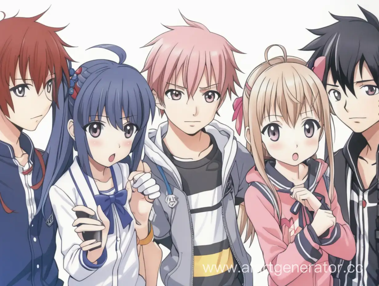 two anime girls and three boys