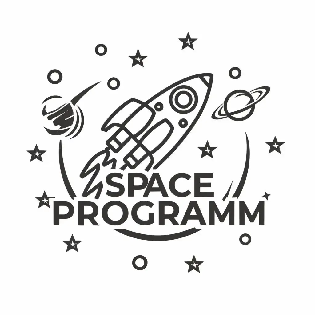 logo, rocket ship, with the text "space program", typography