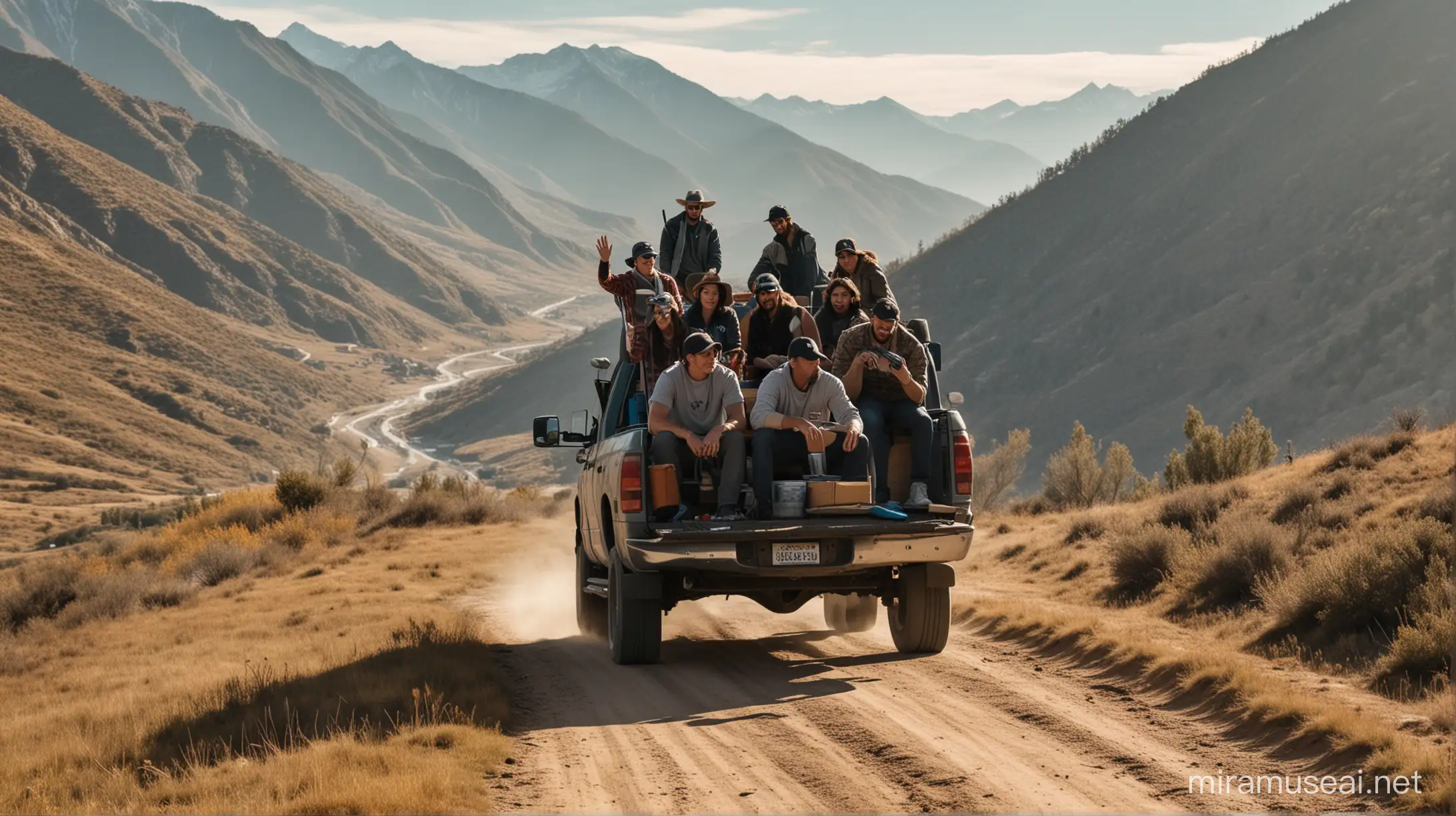 large Team in the back of a pickup truck driving up to a high mountain top 
