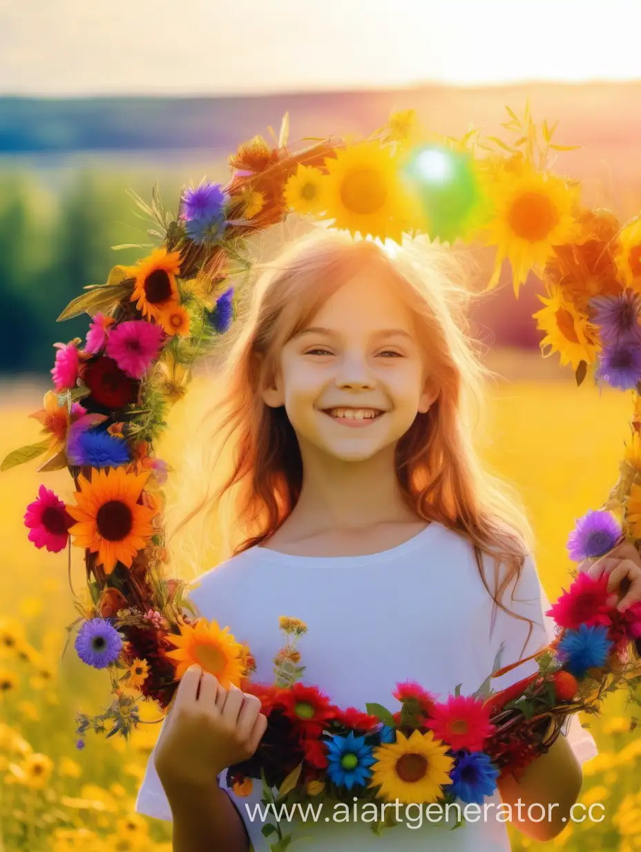 Девушка  хорошего настроении с улыбкой  с охрапкой разных цветов разного цвета   и формы  стоит  на фоне прекрасного луга,  ярко светит солнце  погода солнечная 