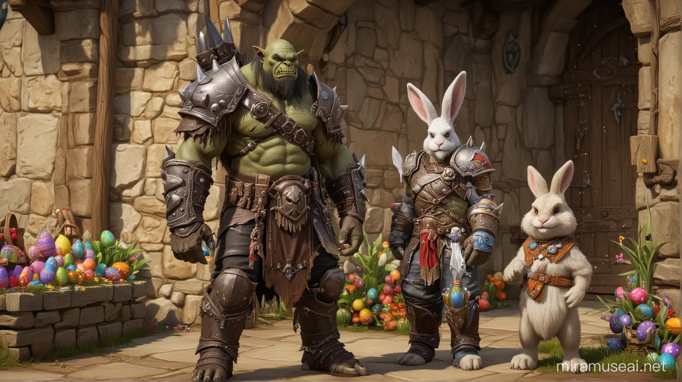 an orc from world of warcraft standing next to the easter bunny