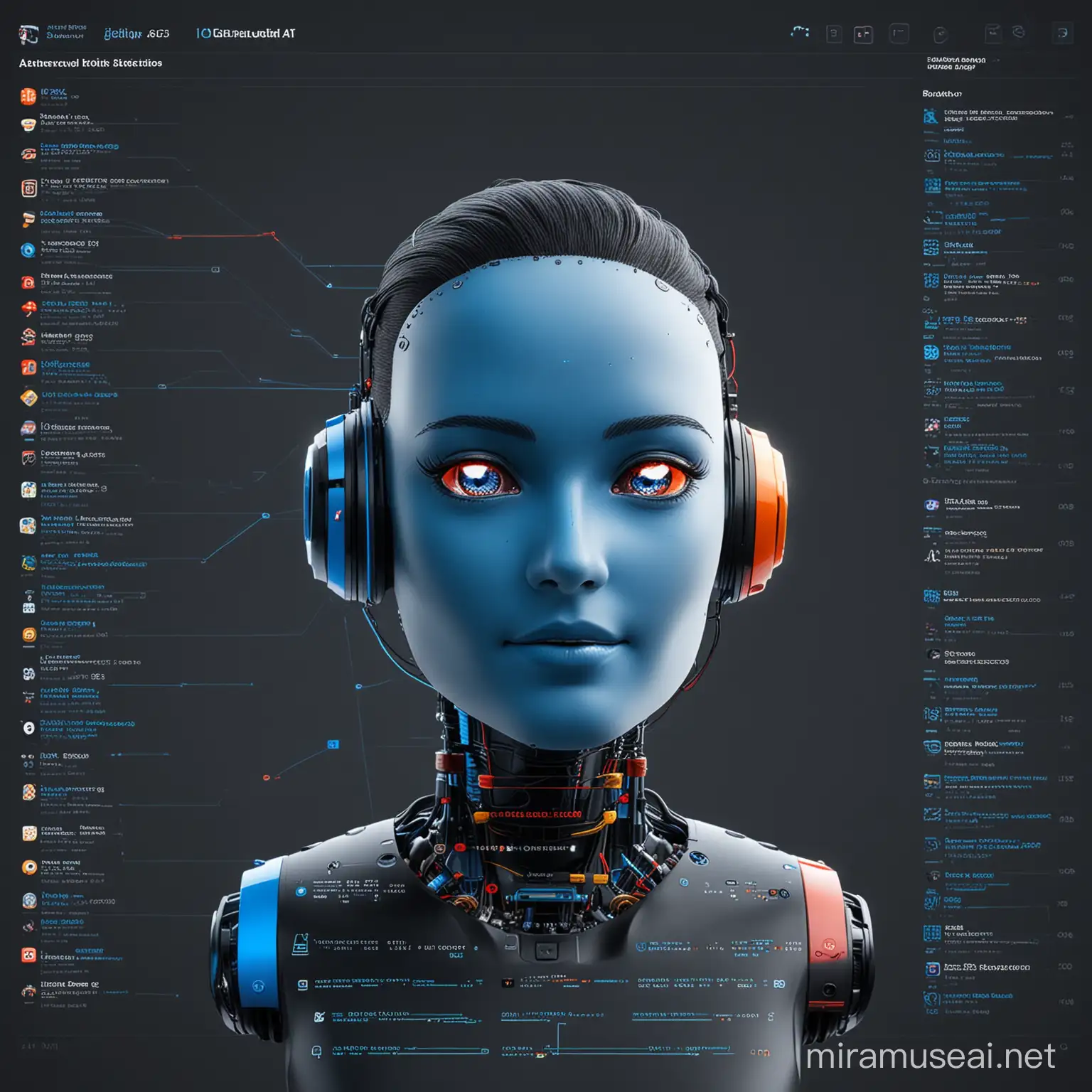 create a hyper realistic AI Software Chatbot design with the primary colors being Blue, black, white out lining, make the surrounding lines of code, workflow automations, and scalability charts