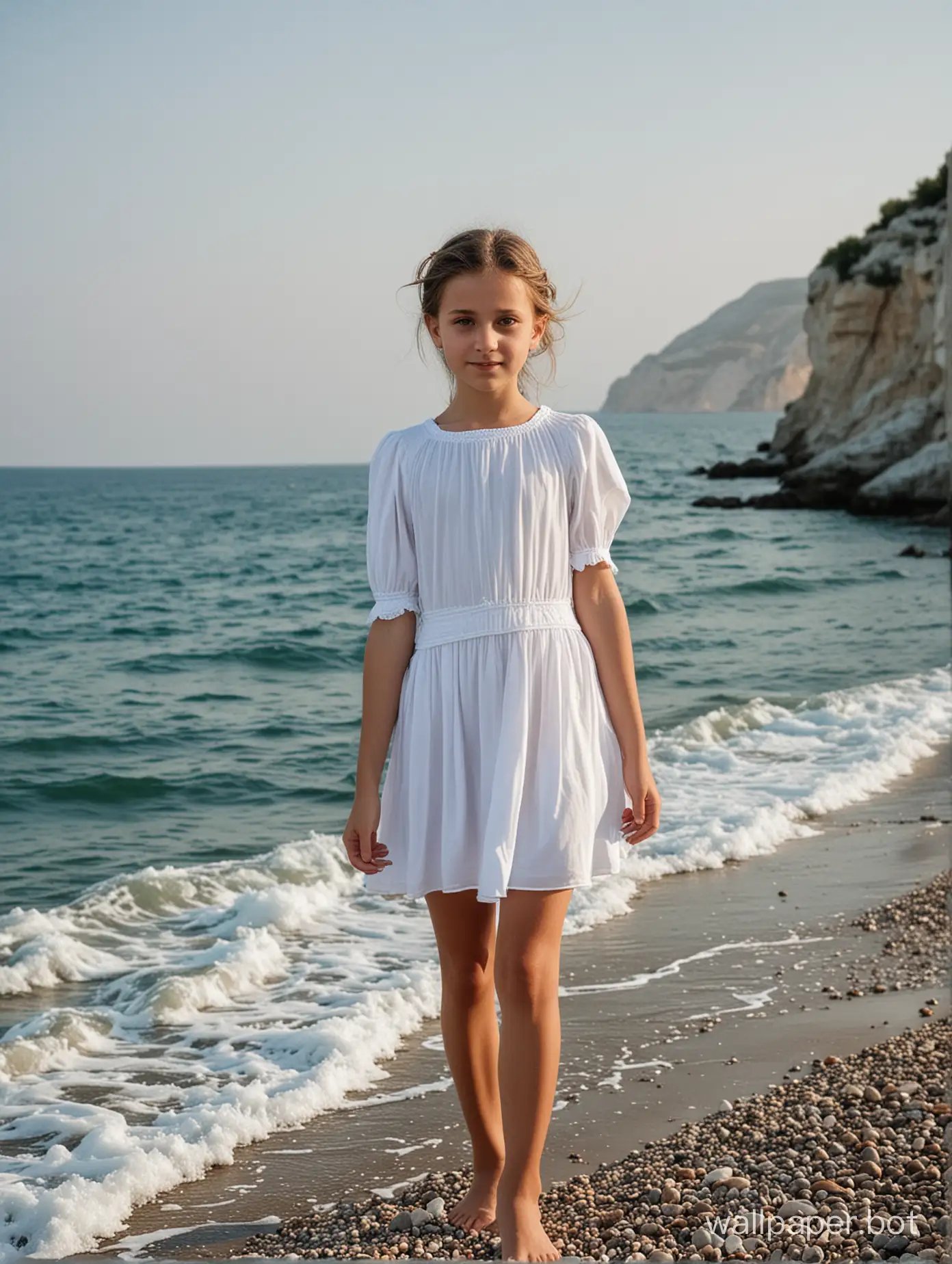 Crimea, by the sea, an 11-year-old girl in a short white dress