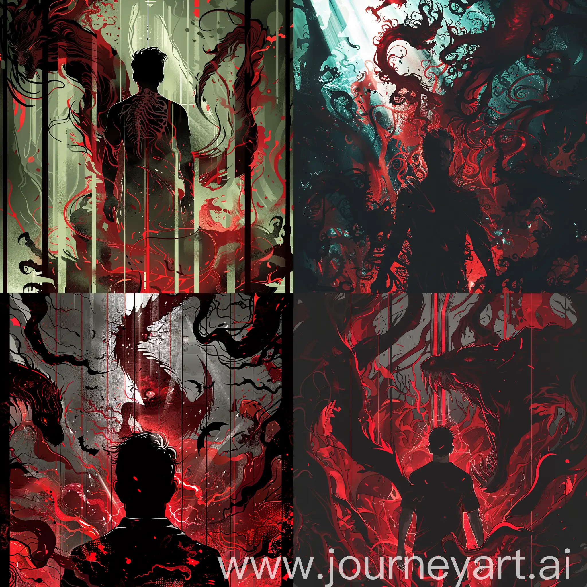 Illustrate a nightmarish scene depicting a man surrounded by a combination of red and black colors. Ensure that the man is backlit, giving him a mysterious silhouette, and add intricate details to enhance the sense of horror. Include a menacing manticore in the illustration, set against a glassy background. The aspect ratio of the illustration should be 71:128.