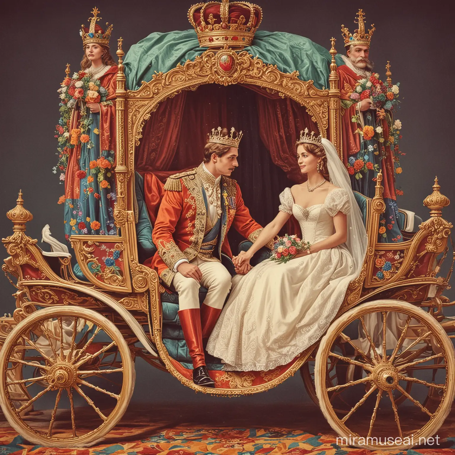 vintage poster style, king and queen getting married, royal carriage, colorful 